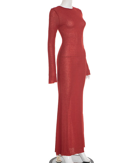 Autumn Blaze Sheer Knit Maxi Dress - Long Sleeve Bodycon with Elegant Back Detail