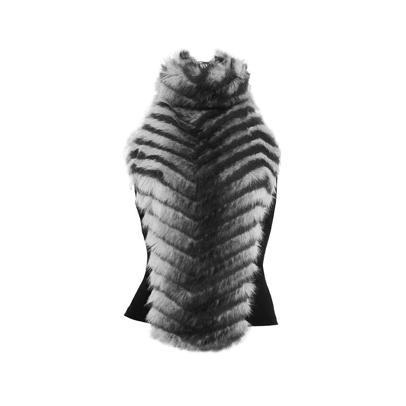 Glamorous Chevron Faux Fur Halter Top: Backless Style for Fall & Winter Celebrations