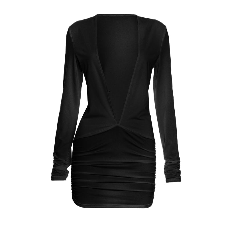 Sleek & Sexy White Plunge V-Neck Ruched Mini Dress - Long Sleeve Bodycon for Fall Parties & Holiday Nights