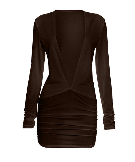 Sleek & Sexy White Plunge V-Neck Ruched Mini Dress - Long Sleeve Bodycon for Fall Parties & Holiday Nights