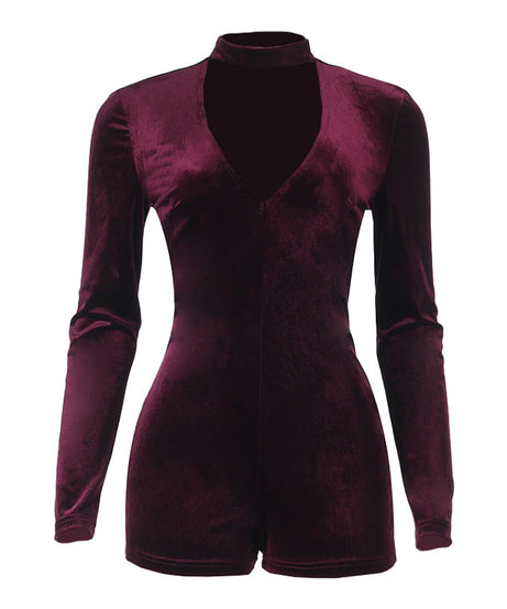 Chic Burgundy Velvet Romper | Long Sleeve Choker Neck Playsuit for Holiday Parties & Nights Out