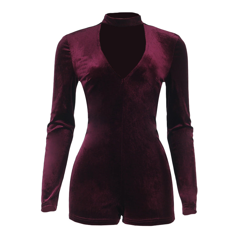 Chic Burgundy Velvet Romper | Long Sleeve Choker Neck Playsuit for Holiday Parties & Nights Out