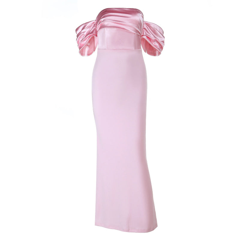 Blush Pink Satin Off-Shoulder Maxi Dress - Elegant Holiday & Gala Gown