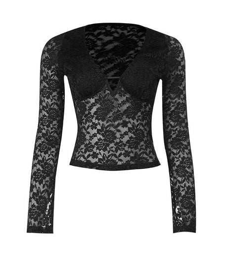 Daring Burgundy Floral Lace Plunge V-Neck Long Sleeve Top - Fall & Holiday Party Ready
