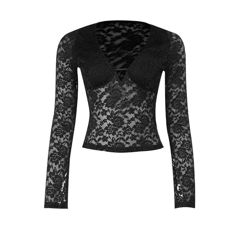 Daring Burgundy Floral Lace Plunge V-Neck Long Sleeve Top - Fall & Holiday Party Ready