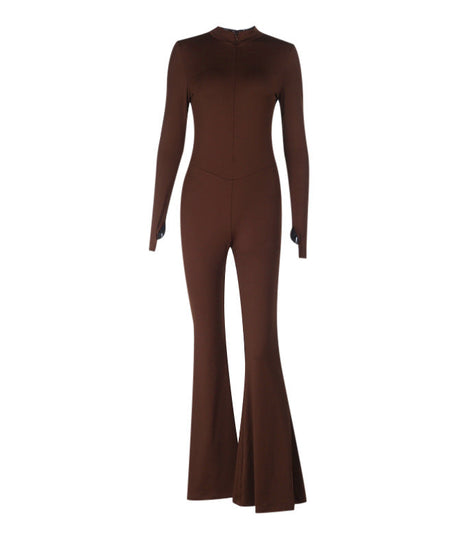 Effortless Autumn Chic: Sculpting Espresso Brown Flared Jumpsuit with Thumbhole Sleeves