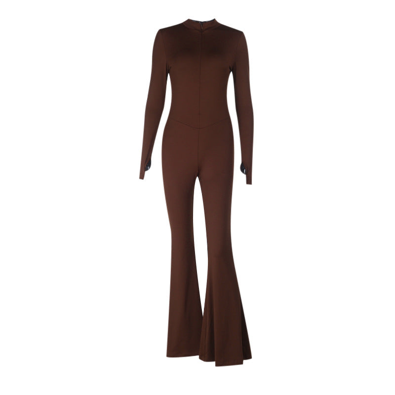 Effortless Autumn Chic: Sculpting Espresso Brown Flared Jumpsuit with Thumbhole Sleeves