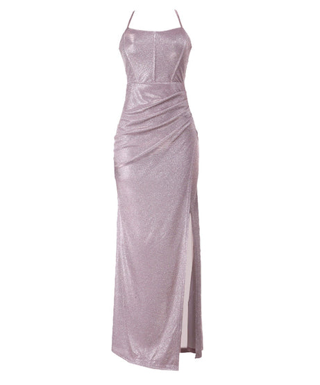 Shimmering Lavender Ruched Slit Maxi Dress - Holiday & NYE Glam