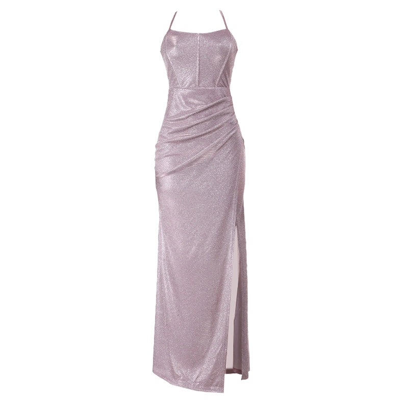 Shimmering Lavender Ruched Slit Maxi Dress - Holiday & NYE Glam