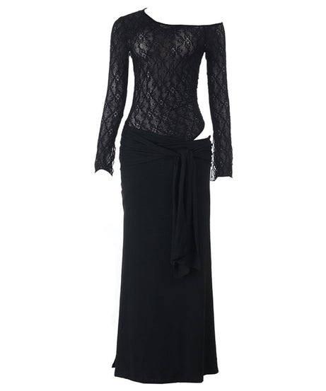 Glamorous Black Lace Long-Sleeve Maxi Dress with Chic Tie-Waist - Your Go-To for Fall & Holiday Events