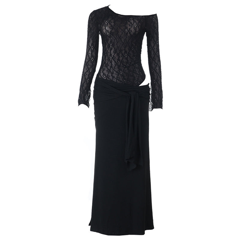 Glamorous Black Lace Long-Sleeve Maxi Dress with Chic Tie-Waist - Your Go-To for Fall & Holiday Events
