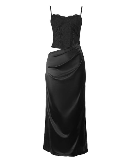 Luxurious Wine Red Satin Maxi Dress with Lace Cami & Chic Cut-Out | Holiday Party & New Year's Eve Glam