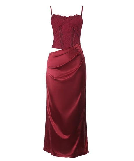Luxurious Wine Red Satin Maxi Dress with Lace Cami & Chic Cut-Out | Holiday Party & New Year's Eve Glam