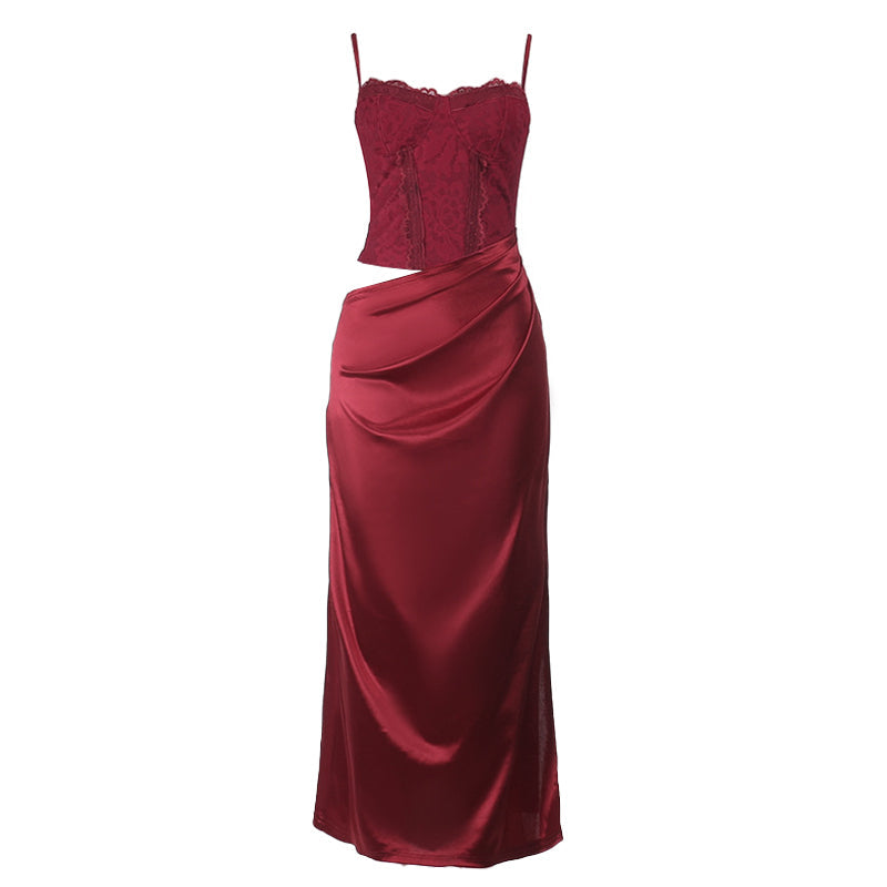 Luxurious Wine Red Satin Maxi Dress with Lace Cami & Chic Cut-Out | Holiday Party & New Year's Eve Glam