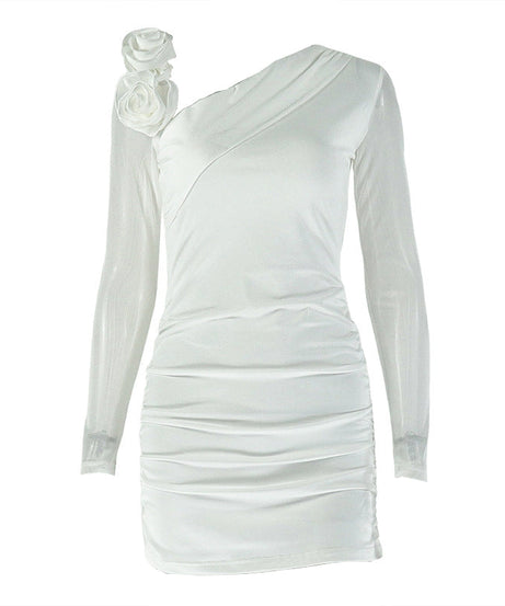 Chic White Floral One-Shoulder Ruched Mini Dress - Holiday Party & New Year's Eve Glam