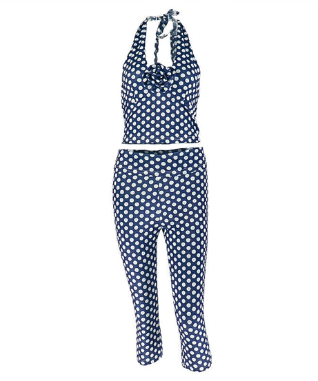 Retro-Chic Polka Dot Halter Top & Capri Set – Your Essential Winter Getaway & Resort Wear