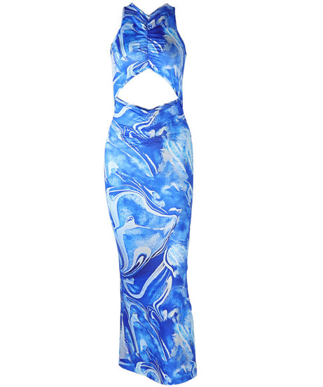 Trendy Blue Marble Print Cutout Maxi Dress | Ruched Bodycon for Winter Vacations & Holiday Parties