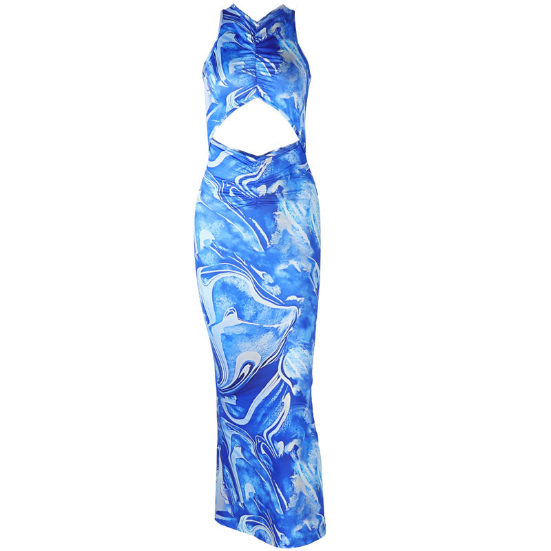 Trendy Blue Marble Print Cutout Maxi Dress | Ruched Bodycon for Winter Vacations & Holiday Parties