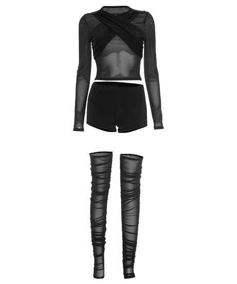 Daring Chocolate Mesh Criss-Cross Crop Top, Shorts & Ruched Thigh-High Set | Holiday Party Ready