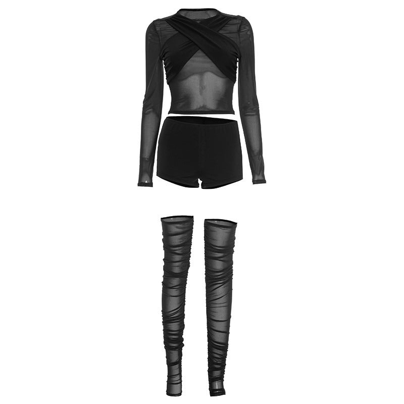 Daring Chocolate Mesh Criss-Cross Crop Top, Shorts & Ruched Thigh-High Set | Holiday Party Ready