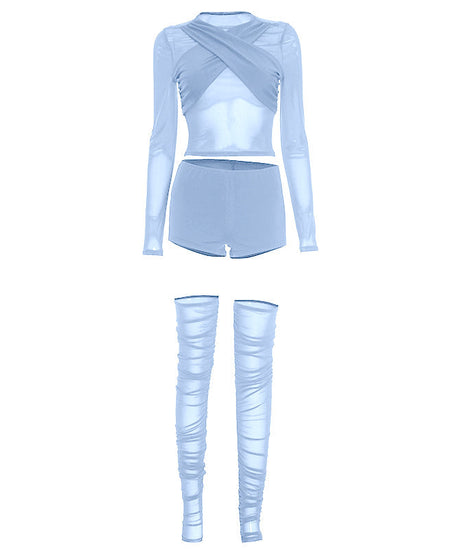 Daring Chocolate Mesh Criss-Cross Crop Top, Shorts & Ruched Thigh-High Set | Holiday Party Ready