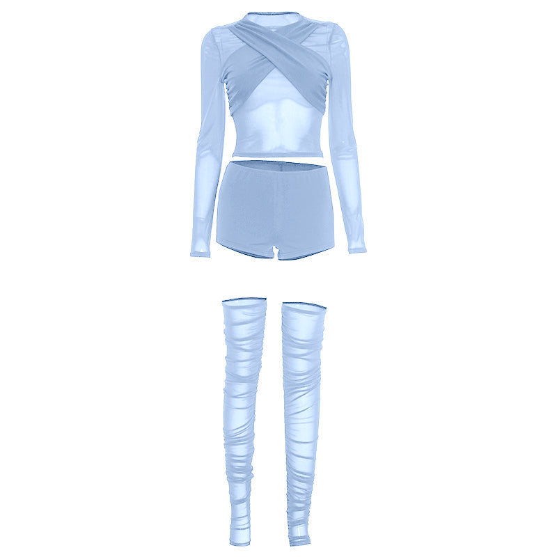 Daring Chocolate Mesh Criss-Cross Crop Top, Shorts & Ruched Thigh-High Set | Holiday Party Ready