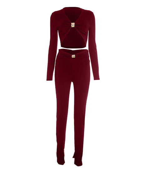 Glam & Go: Effortless Gold Buckle Crop Top & Slit Hem Pant Set - Fall & Holiday Ready