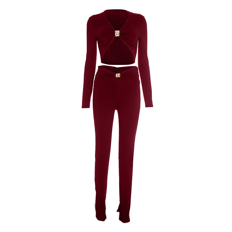 Glam & Go: Effortless Gold Buckle Crop Top & Slit Hem Pant Set - Fall & Holiday Ready