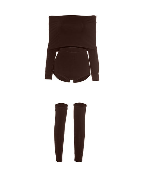 Sleek & Chic Off-Shoulder Long Sleeve Crop Top & Shorts Set with Arm Sleeves – Your Holiday Night Out Essential
