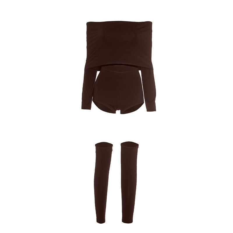 Sleek & Chic Off-Shoulder Long Sleeve Crop Top & Shorts Set with Arm Sleeves – Your Holiday Night Out Essential