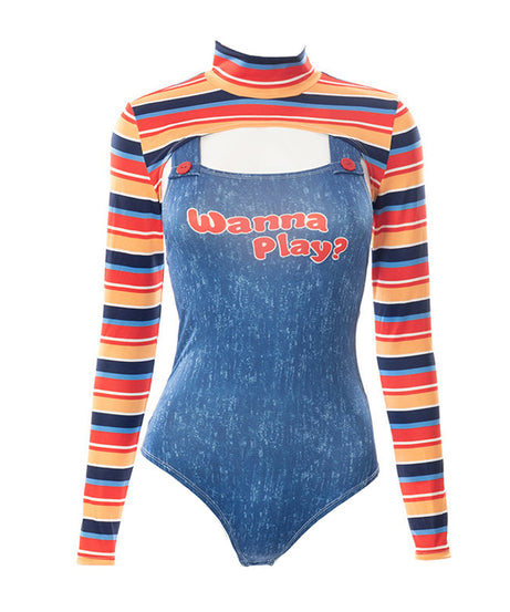 Chucky-Inspired "Wanna Play?" Illusion Bodysuit - Long Sleeve Faux Overalls for Edgy Style & Holiday Parties