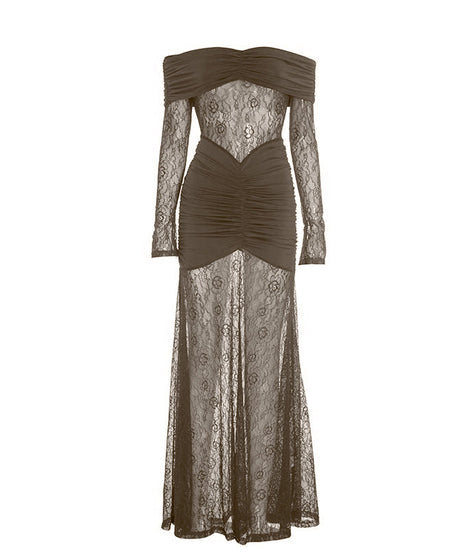 Golden Hour Glam: Flattering Ruched Off-Shoulder Lace Maxi Dress for Holiday Events