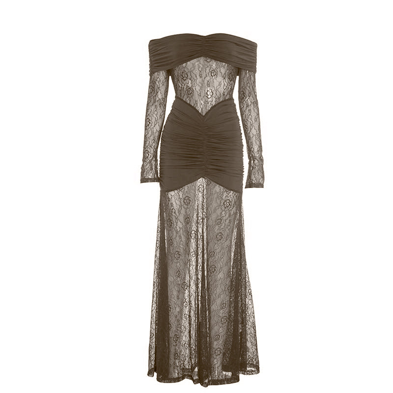 Golden Hour Glam: Flattering Ruched Off-Shoulder Lace Maxi Dress for Holiday Events
