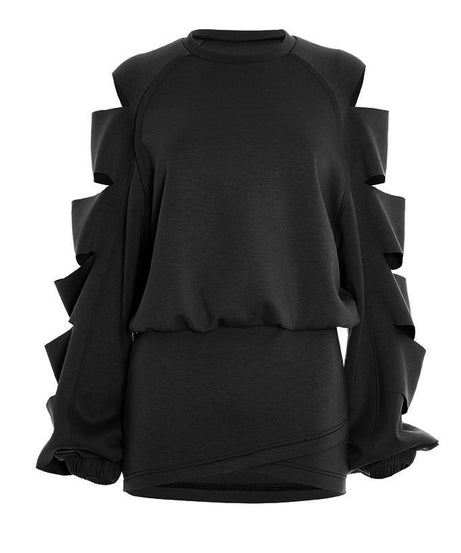 Chic Cut-Out Statement Sleeve Top & Mini Skirt Set - Effortless Fall/Winter Style