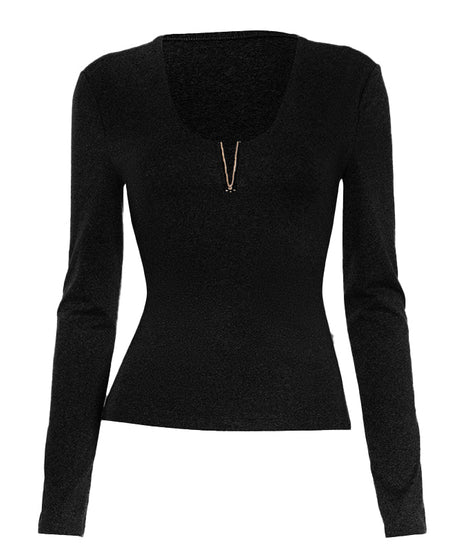Chic V-Neck Long Sleeve Top with Luxe Metallic Accent | Your Cozy Fall & Holiday Season Essential