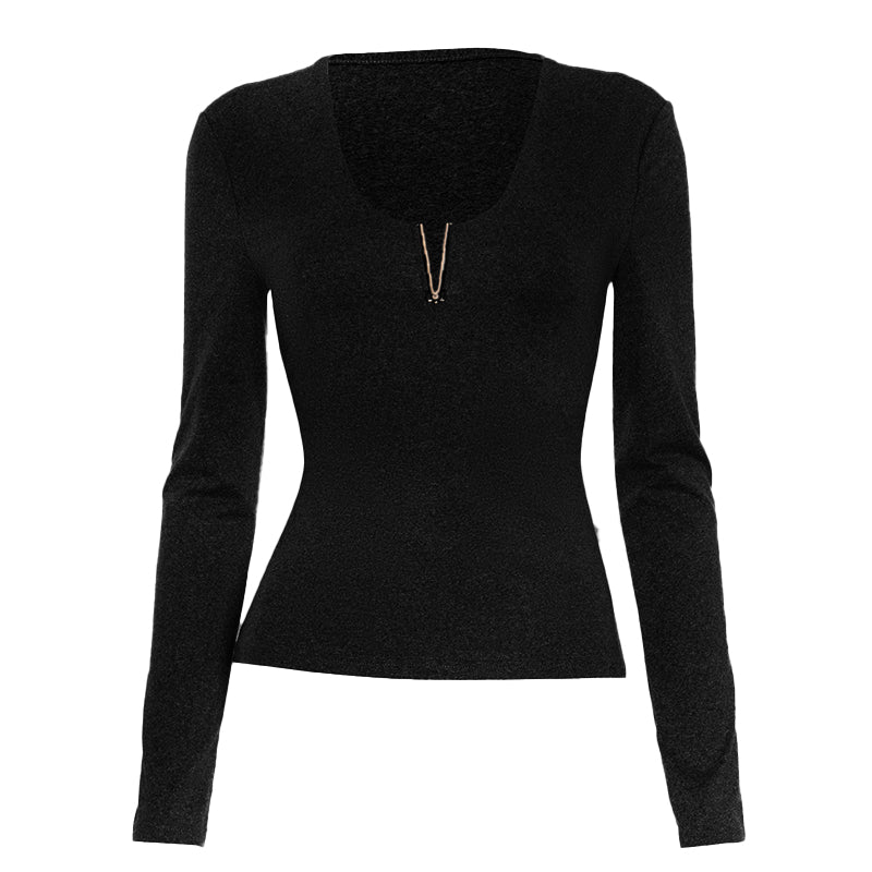 Chic V-Neck Long Sleeve Top with Luxe Metallic Accent | Your Cozy Fall & Holiday Season Essential