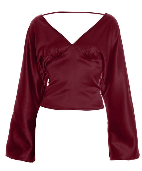 Chic Black Satin V-Neck Blouse | Wide Sleeves & Ruched Bust for Holiday Parties & Fall Glamour