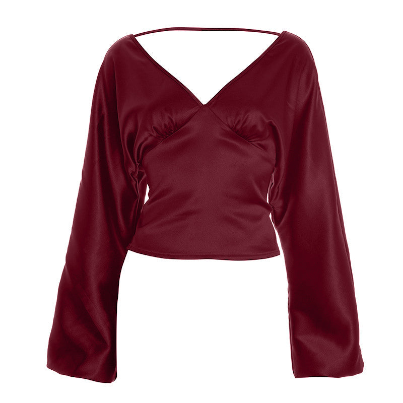 Chic Black Satin V-Neck Blouse | Wide Sleeves & Ruched Bust for Holiday Parties & Fall Glamour
