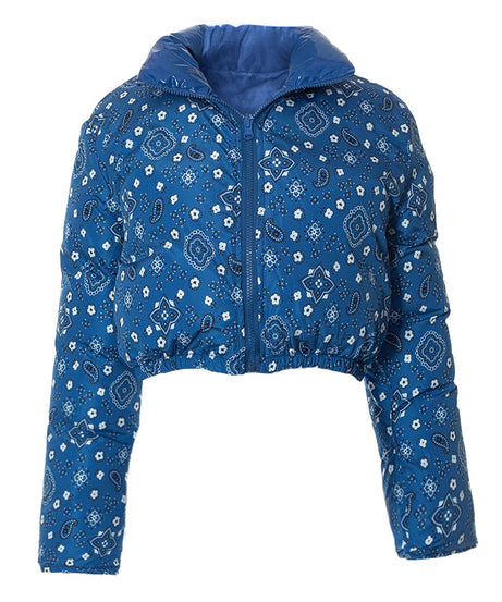 Red Bandana Cropped Puffer Jacket with Luxe Shine Collar – Your Ultimate Fall/Winter Statement