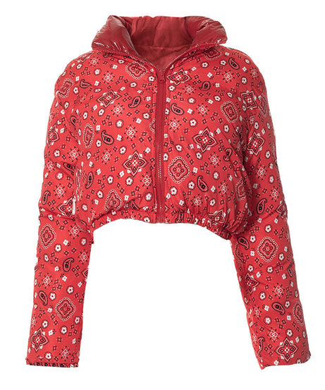 Red Bandana Cropped Puffer Jacket with Luxe Shine Collar – Your Ultimate Fall/Winter Statement