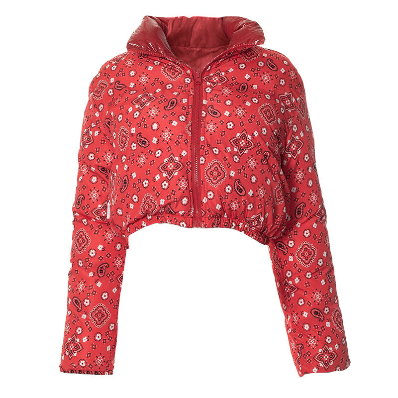 Red Bandana Cropped Puffer Jacket with Luxe Shine Collar – Your Ultimate Fall/Winter Statement