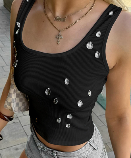 Chic Crystal Dewdrop Ribbed Square Neck Tank Top | Fall Glam Essential