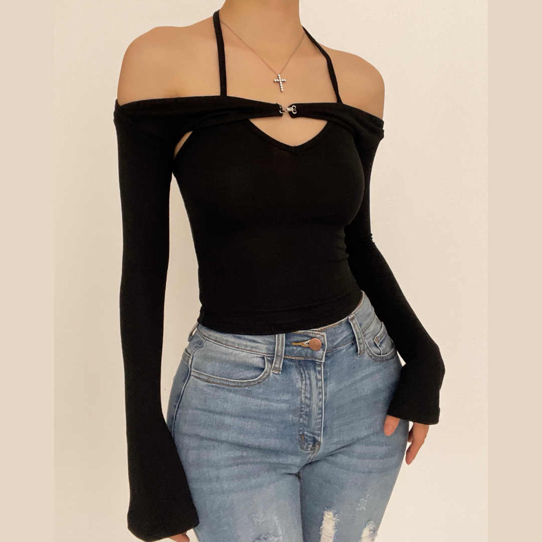 Effortless Fall Style: Halter Off-Shoulder Knit Top | Layered Look Bell Sleeve Sweater
