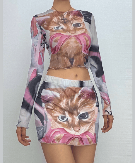 Meow-velous Y2K Cat Print Sheer Mesh Set - Long Sleeve Crop Top & Mini Skirt for Fall & Halloween