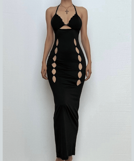 Sultry Black Halter Cut-Out Maxi Dress - Bodycon & Daring for Fall & Holiday Nights