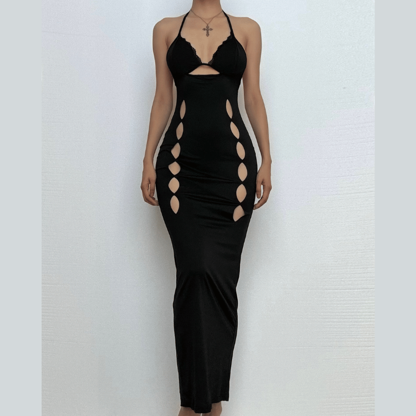 Sultry Black Halter Cut-Out Maxi Dress - Bodycon & Daring for Fall & Holiday Nights