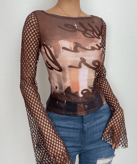Artistic Mesh Bell Sleeve Top - Edgy Fall Graphic Long Sleeve for Women