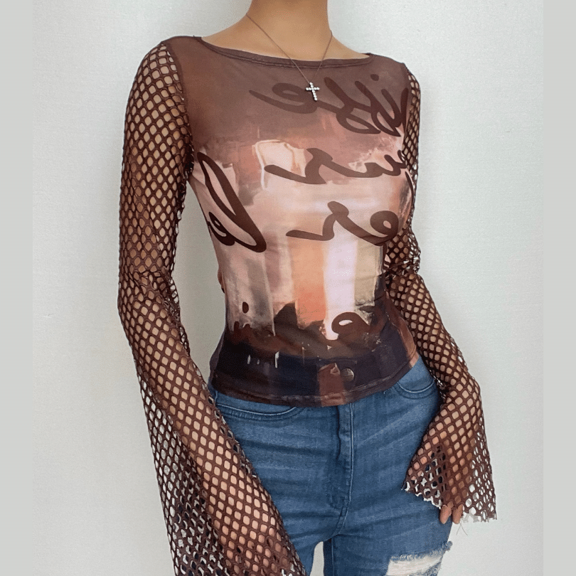 Artistic Mesh Bell Sleeve Top - Edgy Fall Graphic Long Sleeve for Women