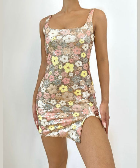 Dazzling Floral Sequin Mini Dress with Slit – Your Ultimate Holiday & Party Statement Piece