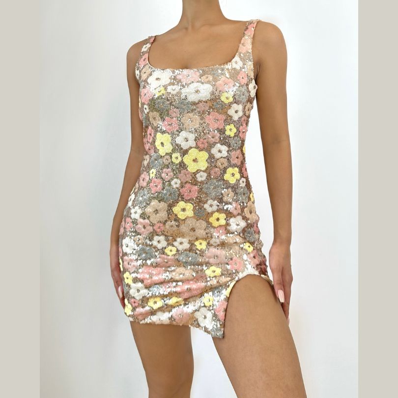 Dazzling Floral Sequin Mini Dress with Slit – Your Ultimate Holiday & Party Statement Piece